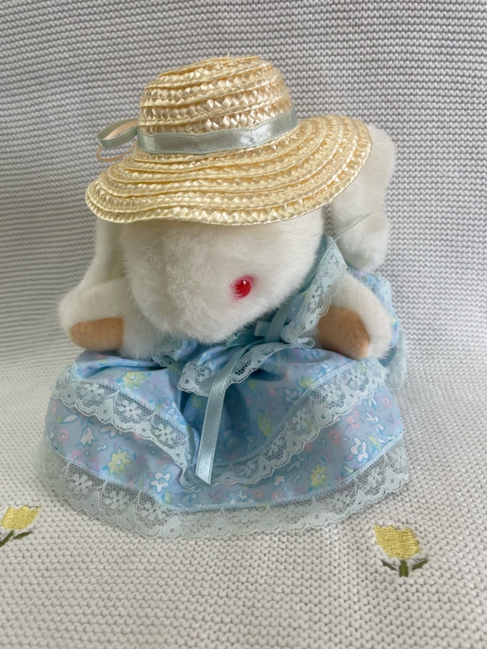 Vintage 1992 Bunny Plush in Blue Floral Dress & Straw Hat Cottagecore Easter Toy